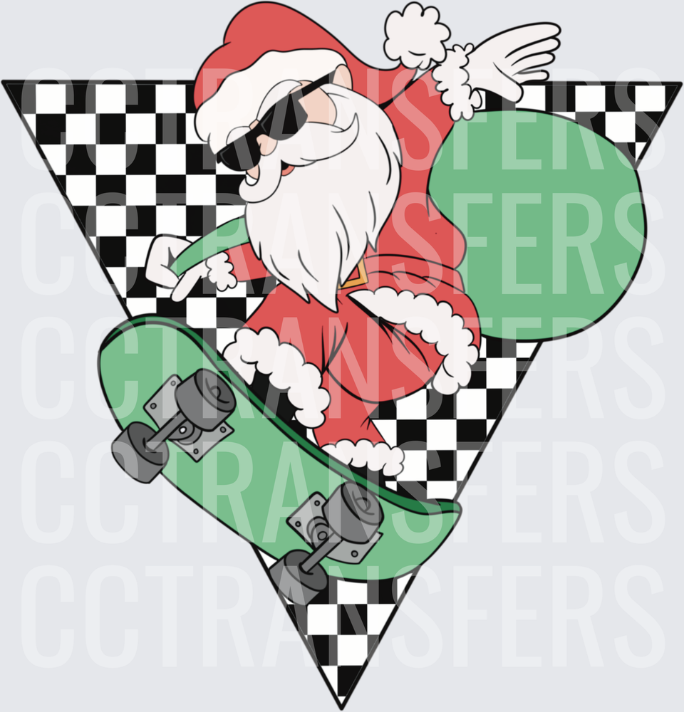 Cool Santa Skateboarding with Gift Bag Checker Background (DTF)