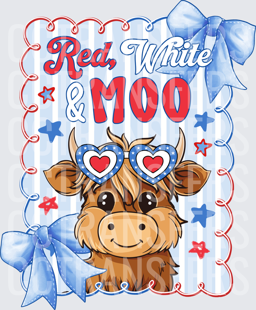 Red White & Moo Patriotic Highland Cow Blue Bows (DTF)