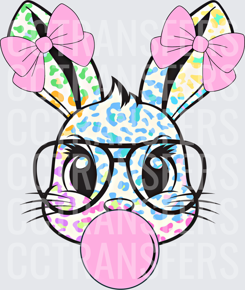Pastel Leopard Bunny with Glasses Bow and Bubblegum (DTF)