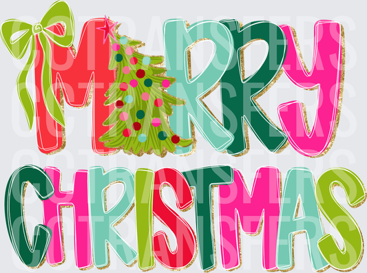 Merry Christmas Colorful Bold Text with Decorated Tree (DTF)