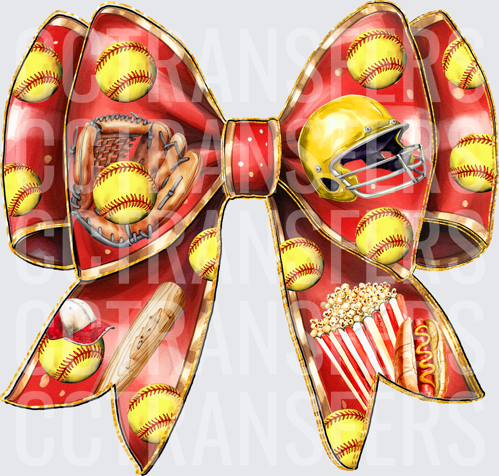 Red Bow Softball Sports Fan Glove Helmet Bat Popcorn (DTF)