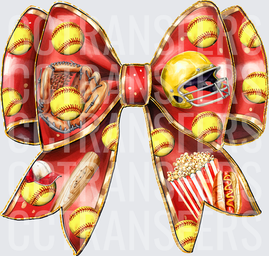 Red Bow Softball Sports Fan Glove Helmet Bat Popcorn (DTF)