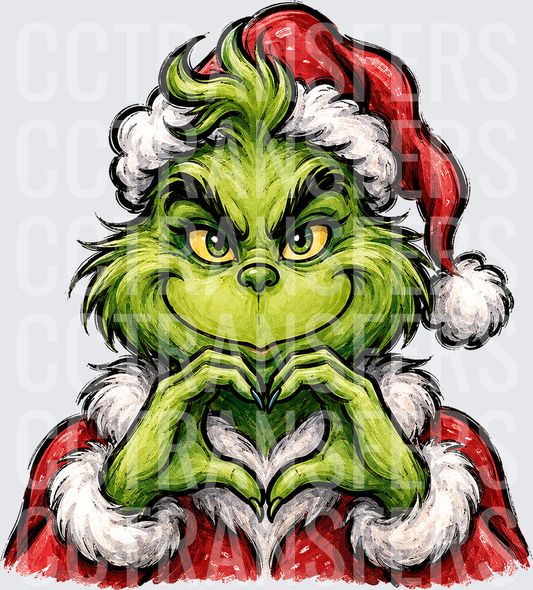 Grumpy Green G-Man Heart Hands Santa Holiday (DTF)