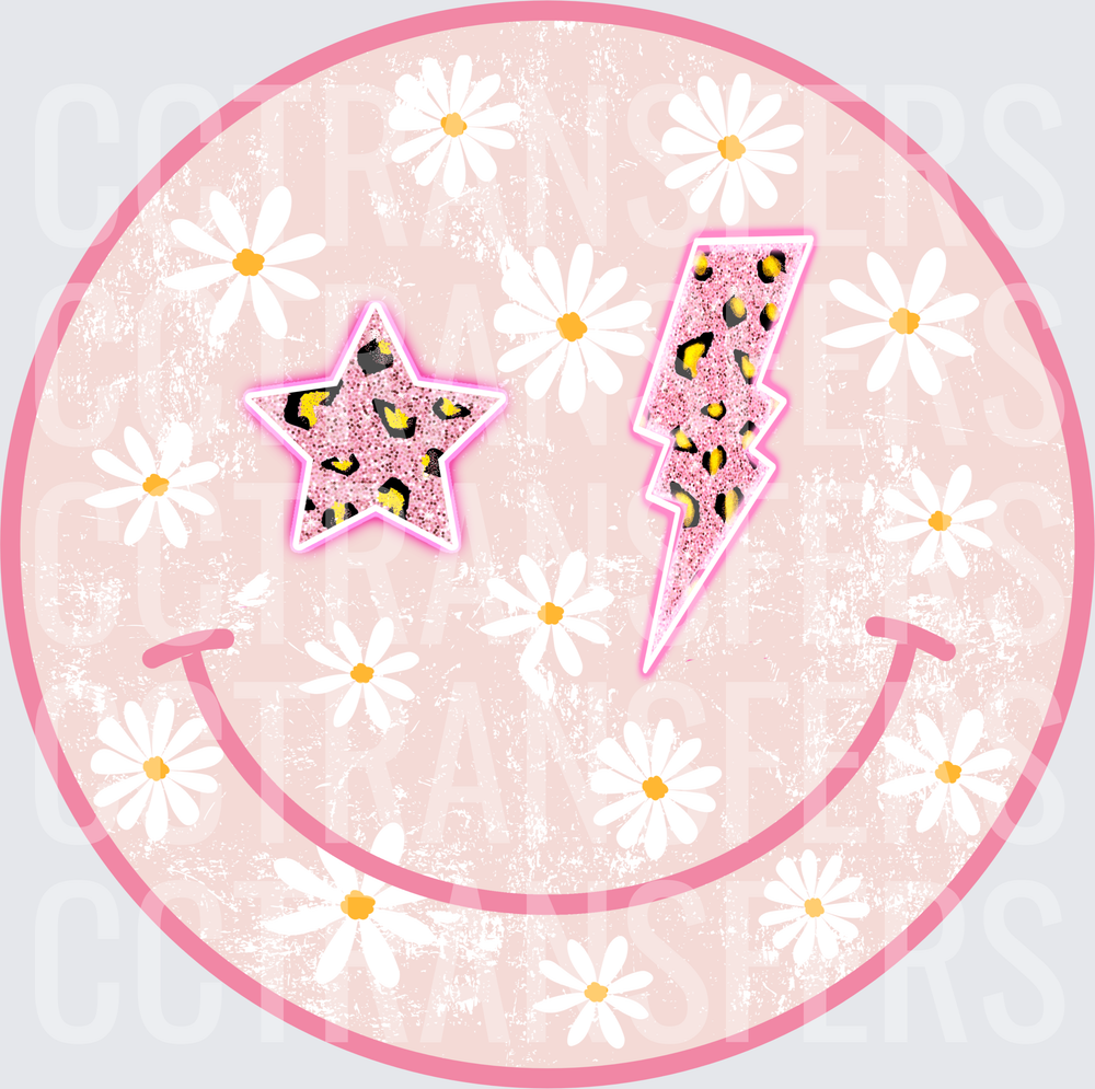 Pink Daisy Smiley Face Leopard Star Lightning Bolt (DTF)