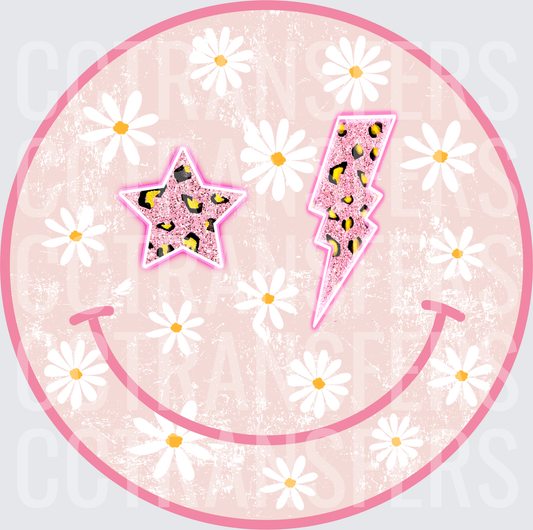 Pink Daisy Smiley Face Leopard Star Lightning Bolt (DTF)