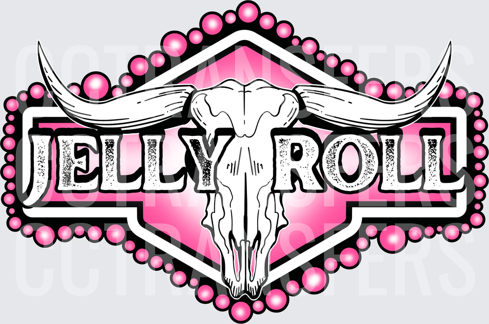 Jelly Roll Pink Longhorn Skull Badge Pearl Border (DTF)