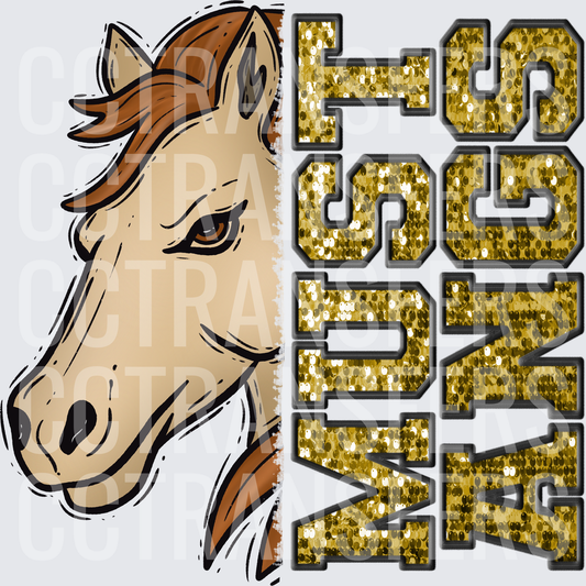 Mustangs Gold Glitter Mascot Horse Head Spirit (DTF)