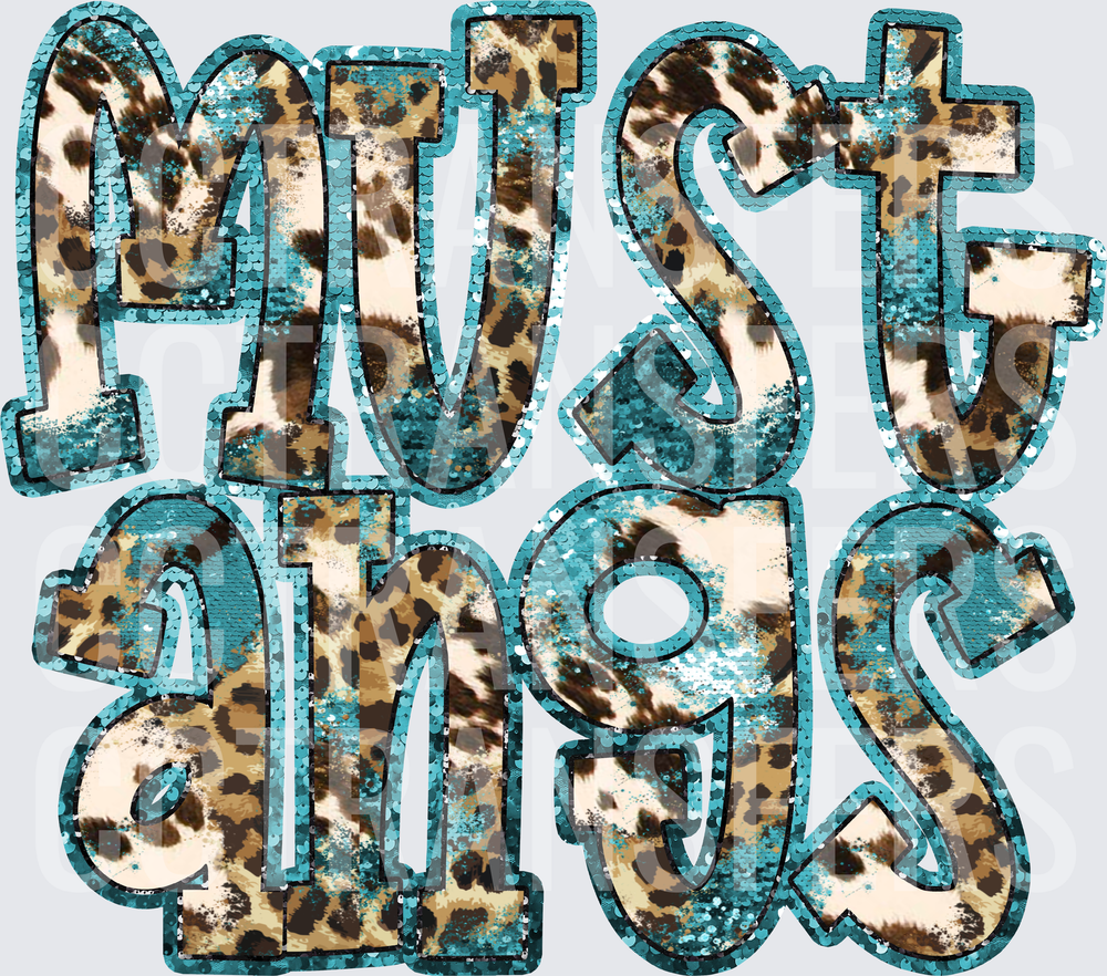 Mustangs Teal Sequin Leopard Cowhide Letter Design (DTF)
