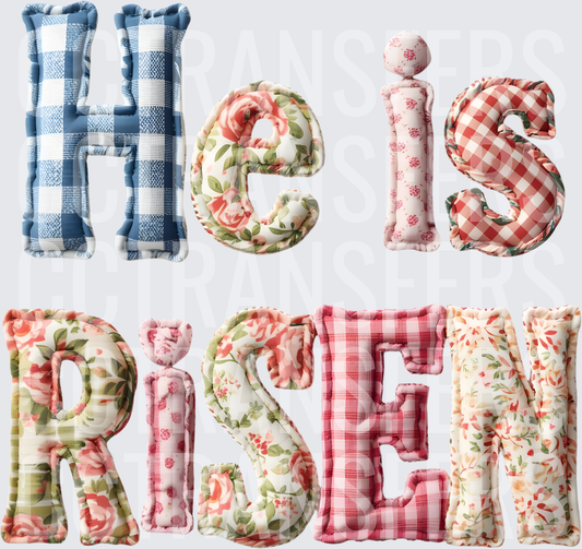 He Is Risen Patchwork Fabric Puffy Letters Easter (DTF)