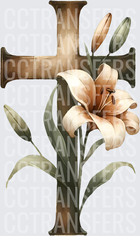 Rustic Wooden Cross with Easter Lily Blooms (DTF)