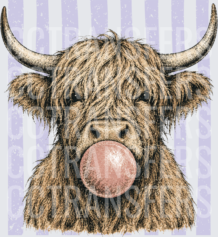 Fluffy Highland Cow Blowing Bubblegum Bubble Stripes (DTF)