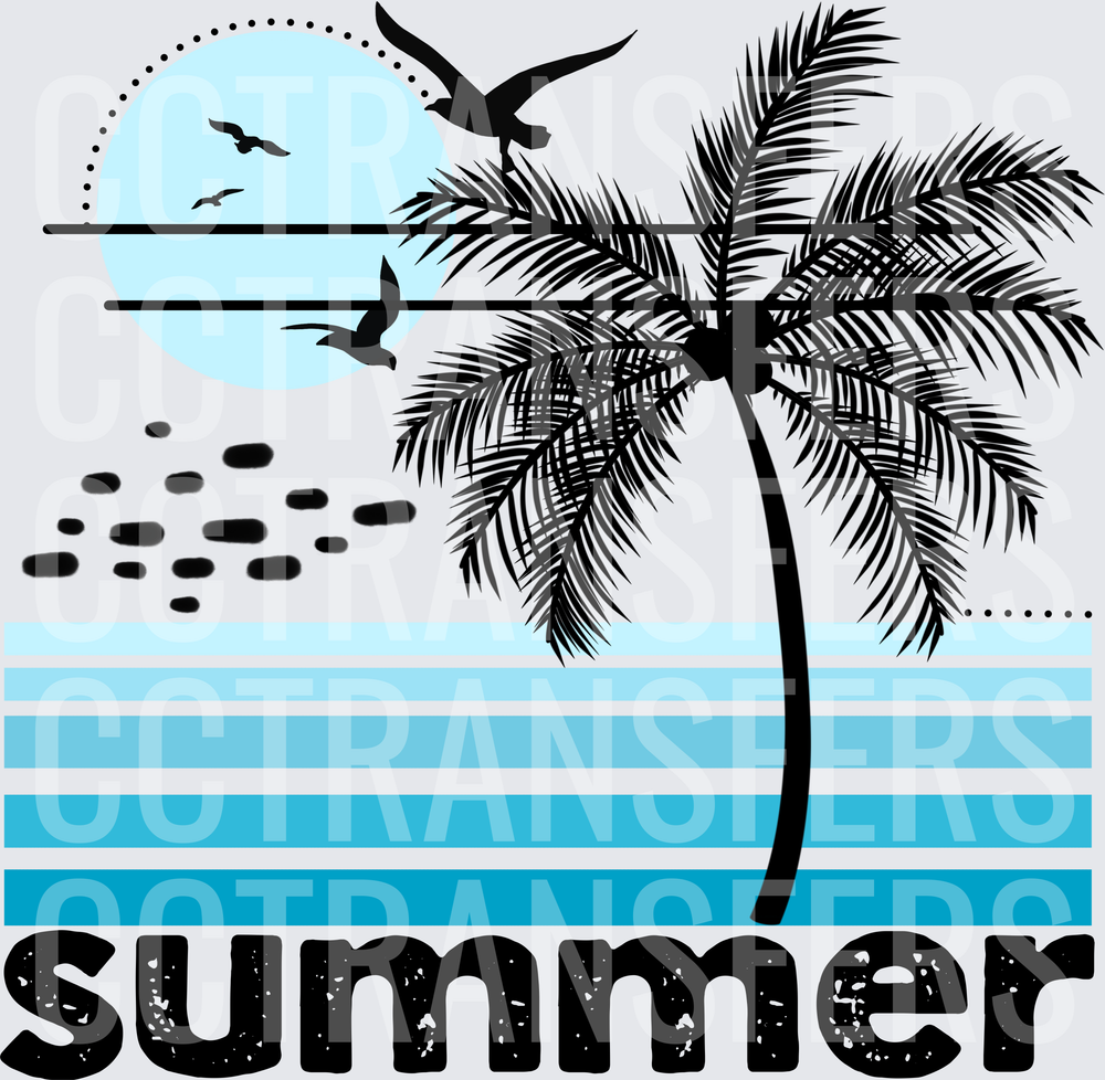 Summer Palm Tree Silhouette Seagulls Blue Ocean Scene (DTF)