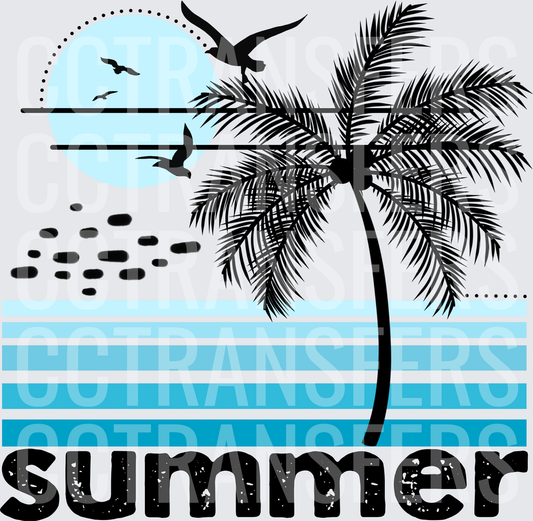 Summer Palm Tree Silhouette Seagulls Blue Ocean Scene (DTF)