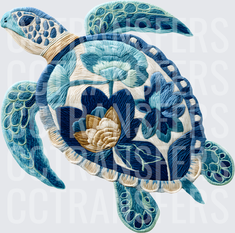 Embroidered Sea Turtle Floral Lotus Shell Blue (DTF)