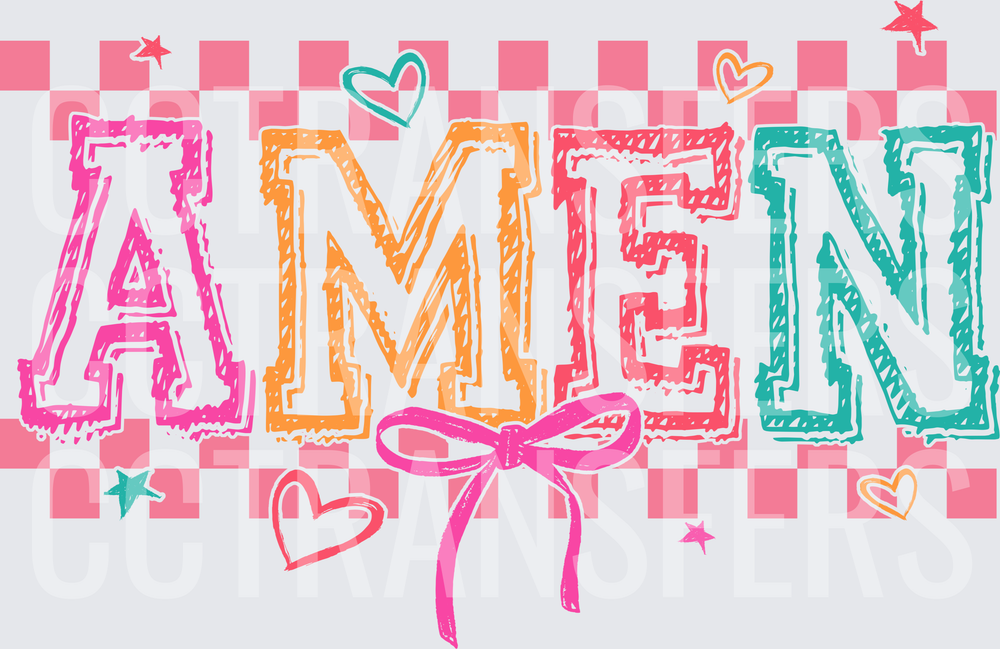 Colorful AMEN Checkered Sketch Letters Bow Hearts Stars (DTF)