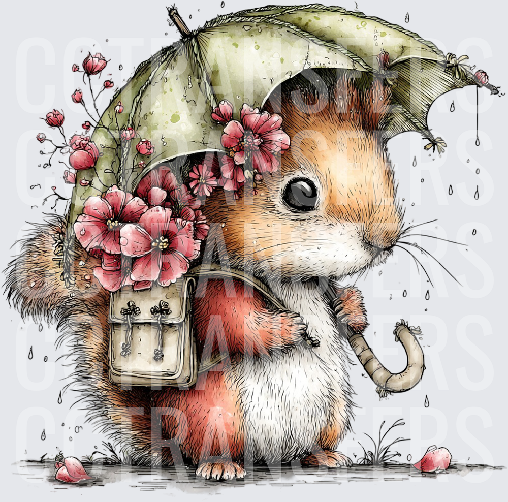 Rainy Day Squirrel with Floral Umbrella and Satchel (DTF)