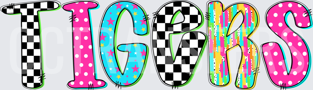 Colorful Patterned TIGERS Bold Retro Doodle Letters (DTF)