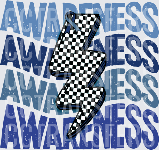 Awareness Checkered Lightning Bolt with Blue Ribbon (DTF)