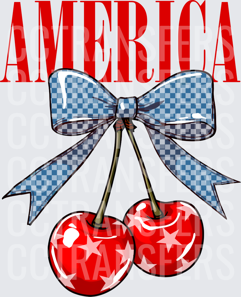 America Red Cherries with Stars Blue Checkered Bow (DTF)