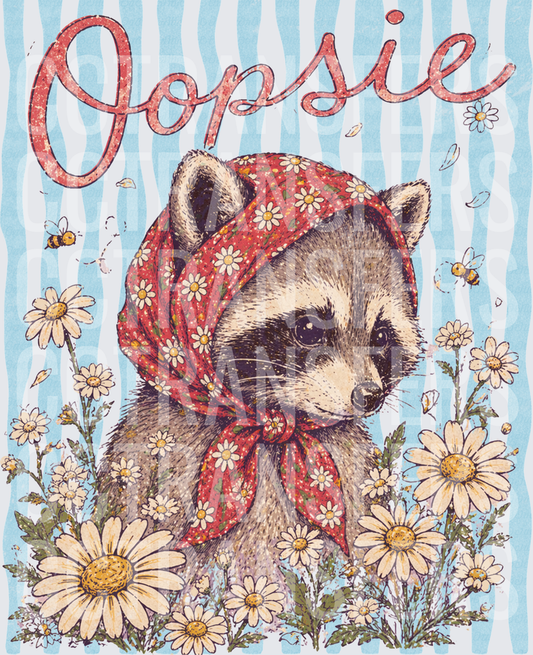 Oopsie Raccoon Floral Headscarf Daisies Bees (DTF)