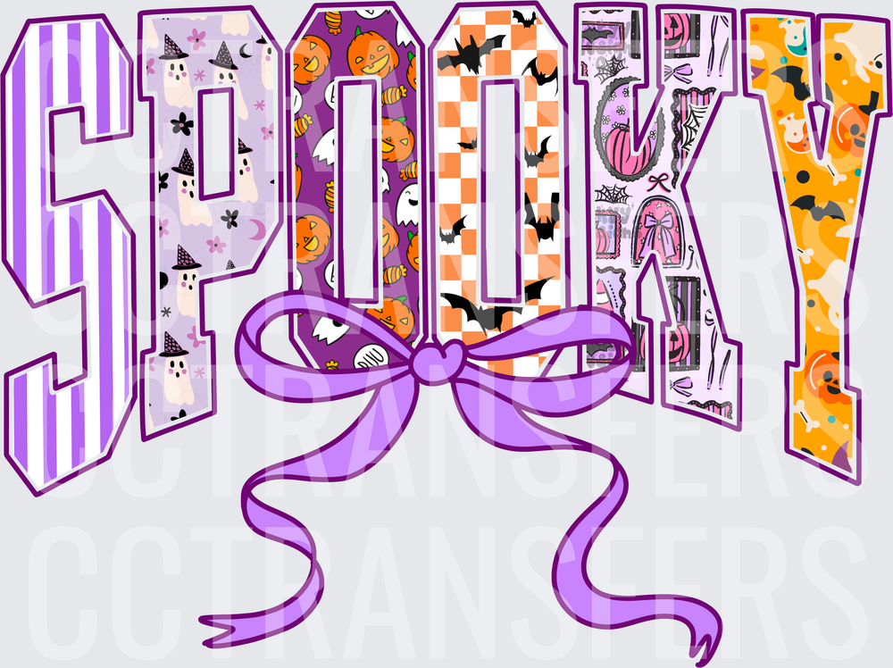 Spooky Patchwork Halloween Letters with Purple Bow (DTF)