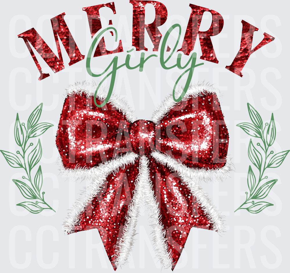 Merry Girly Glitter Red Bow with Green Laurels (DTF)