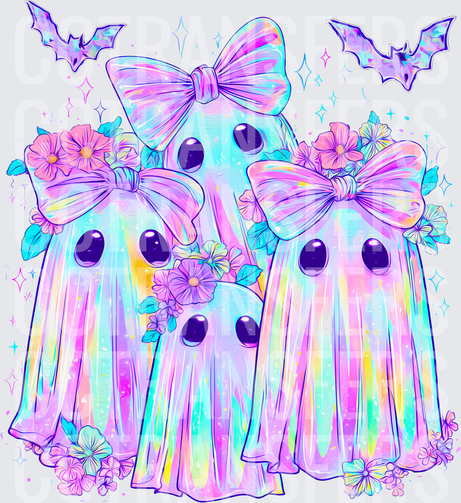 Pastel Rainbow Ghost Squad with Bows Bats and Flowers (DTF)