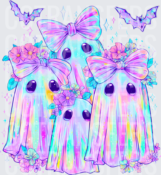Pastel Rainbow Ghost Squad with Bows Bats and Flowers (DTF)