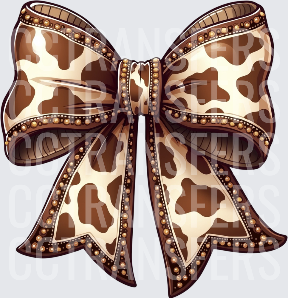 Brown Cow Print Bow with Gold Stud Trim (DTF)