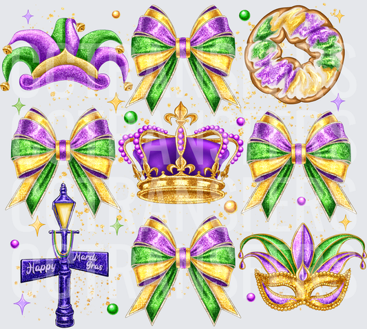 Happy Mardi Gras Festive Bows Crown Mask Jester Bundle (DTF)