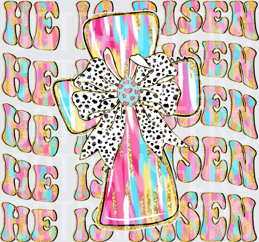 He Is Risen Cross Dalmatian Bow Easter Pastel (DTF)