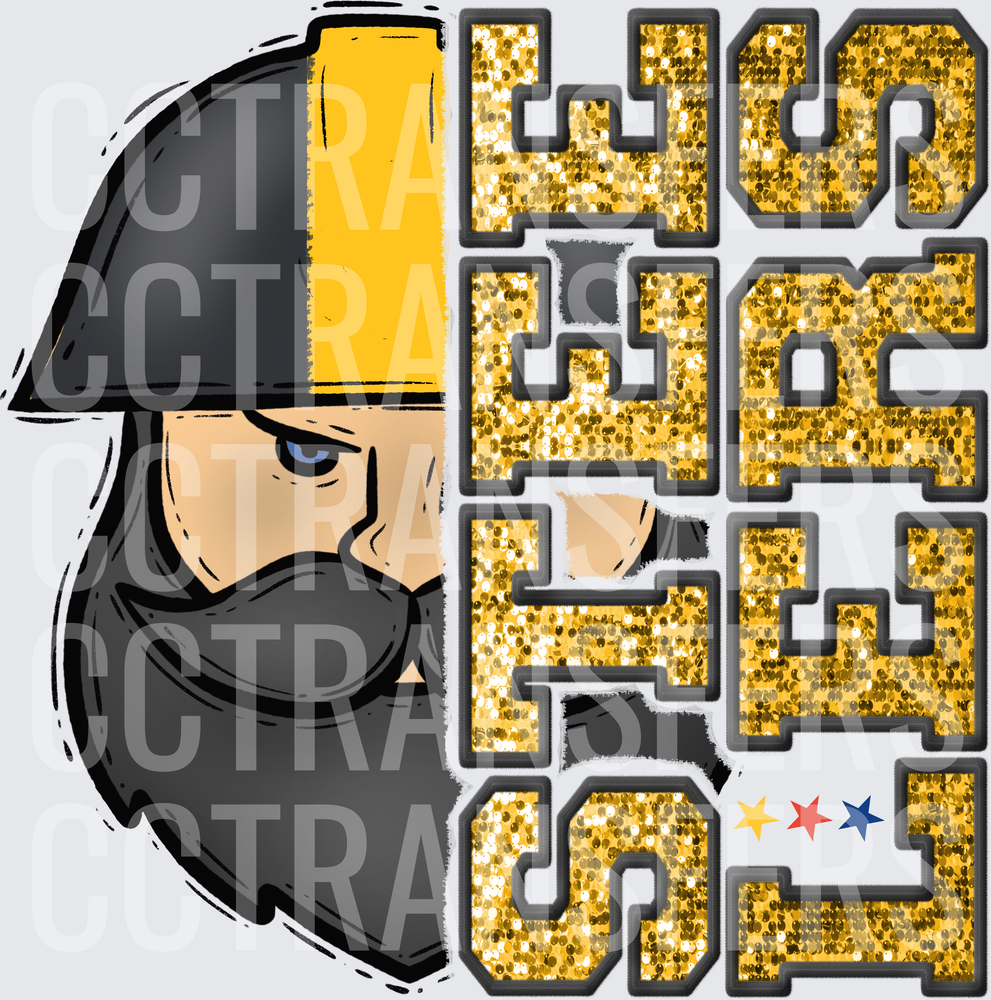 Steelers Mascot Glitter Gold Varsity Letters Three Stars (DTF)