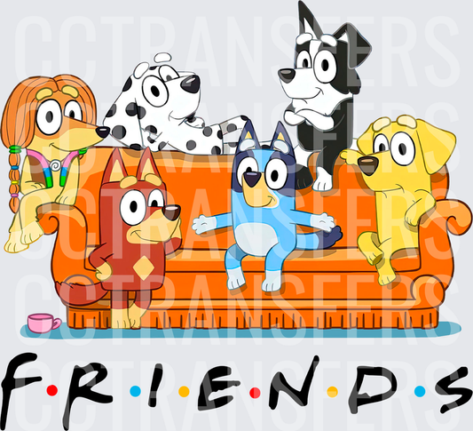 Cartoon Dog Friends on Orange Couch FRIENDS Logo (DTF)
