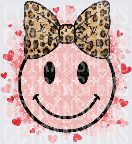 Pink Smiley Face Leopard Luxury Bow Valentine Hearts (DTF)
