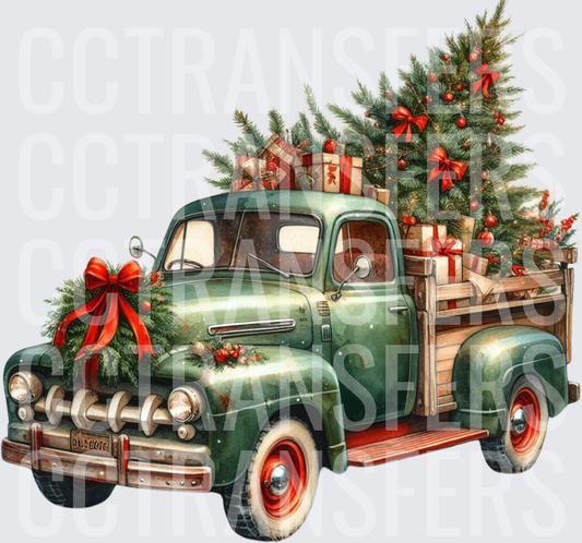 Vintage Green Christmas Truck with Tree and Gifts (DTF)
