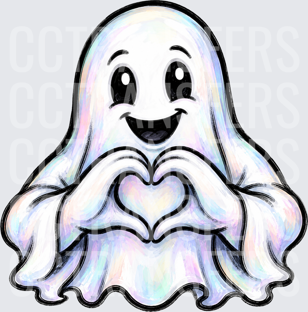 Cute Iridescent Ghost Making Heart Hand Gesture (DTF)