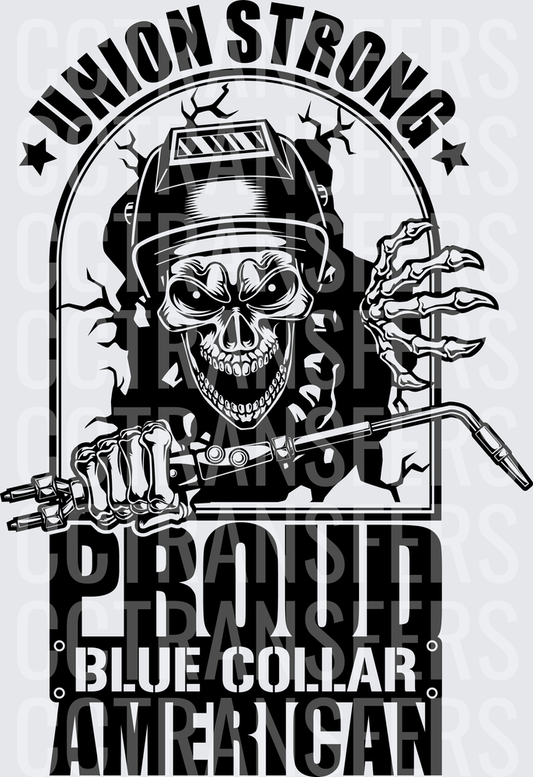 Union Strong Proud Blue Collar American Welder Skull (DTF)