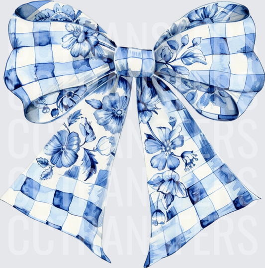 Blue and White Floral Gingham Bow (DTF)