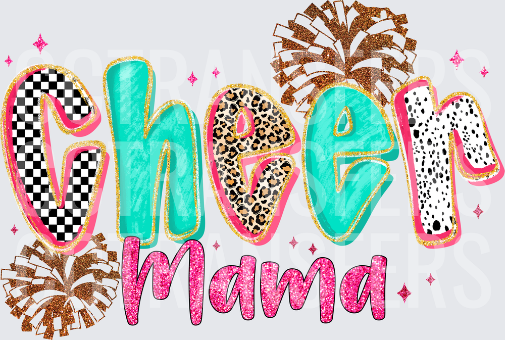 Cheer Mama Mixed Pattern Letters with Pom Poms (DTF)