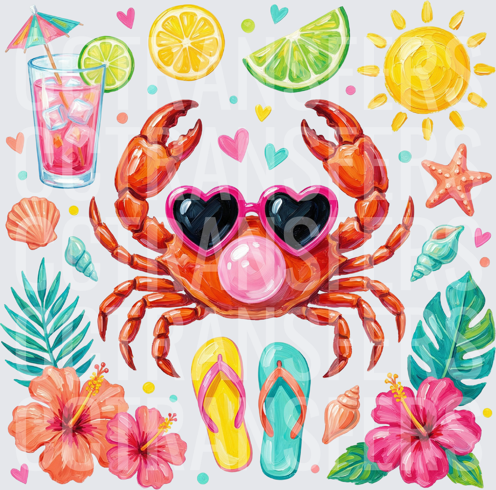 Tropical Crab Heart Sunglasses Bubble Gum Summer Beach (DTF)