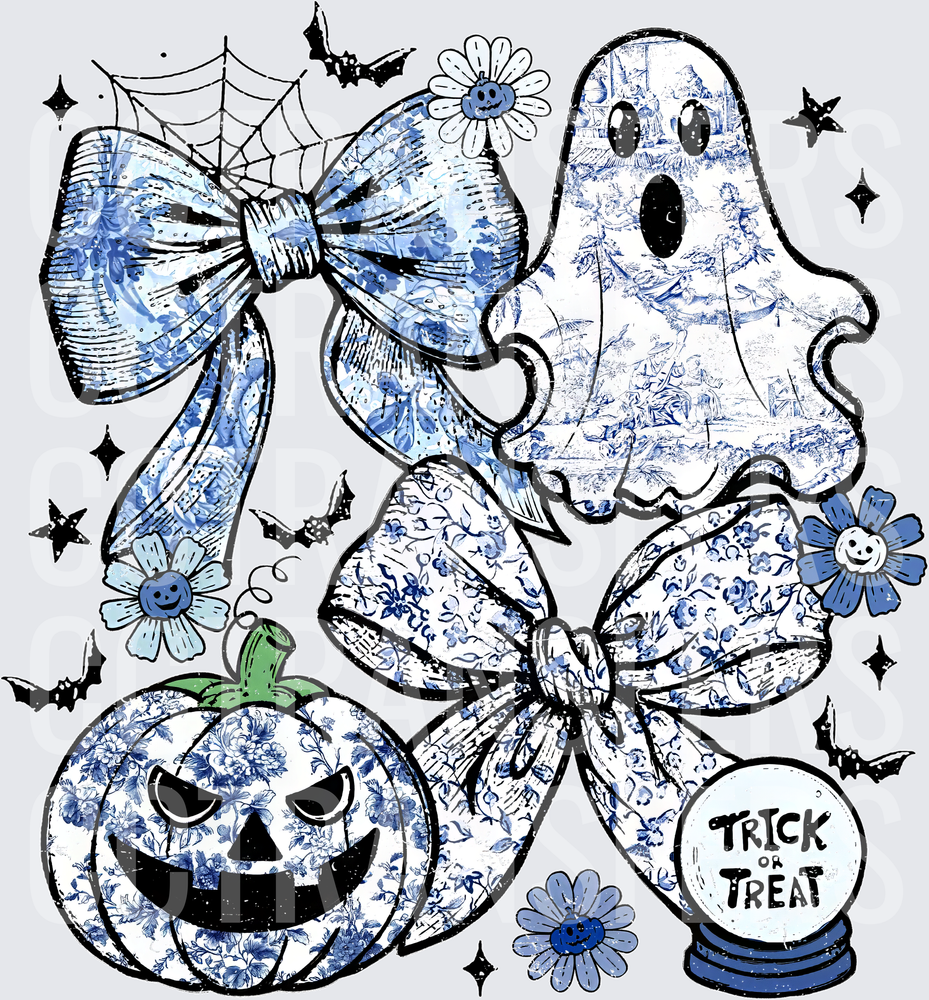Blue Toile Halloween Ghost Pumpkin Bow Trick or Treat (DTF)