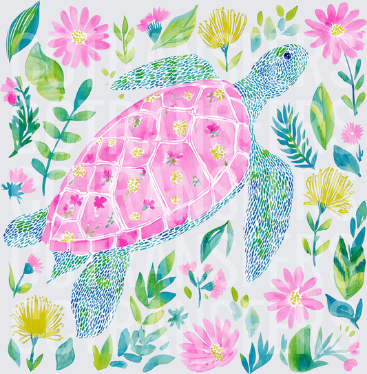 Watercolor Sea Turtle Pink Floral Garden (DTF)