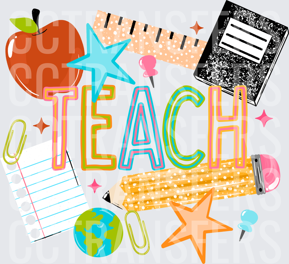 Teach Colorful School Supplies Teacher Design (DTF)