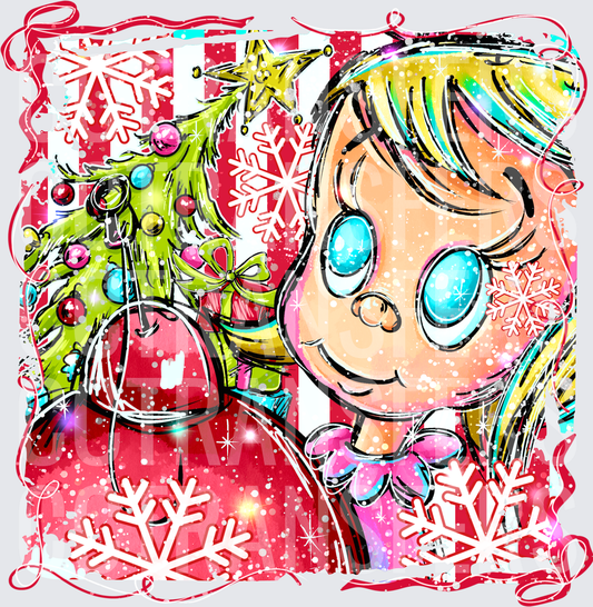 Cute Cartoon Girl Big Eyes Christmas Tree Snowflakes (DTF)