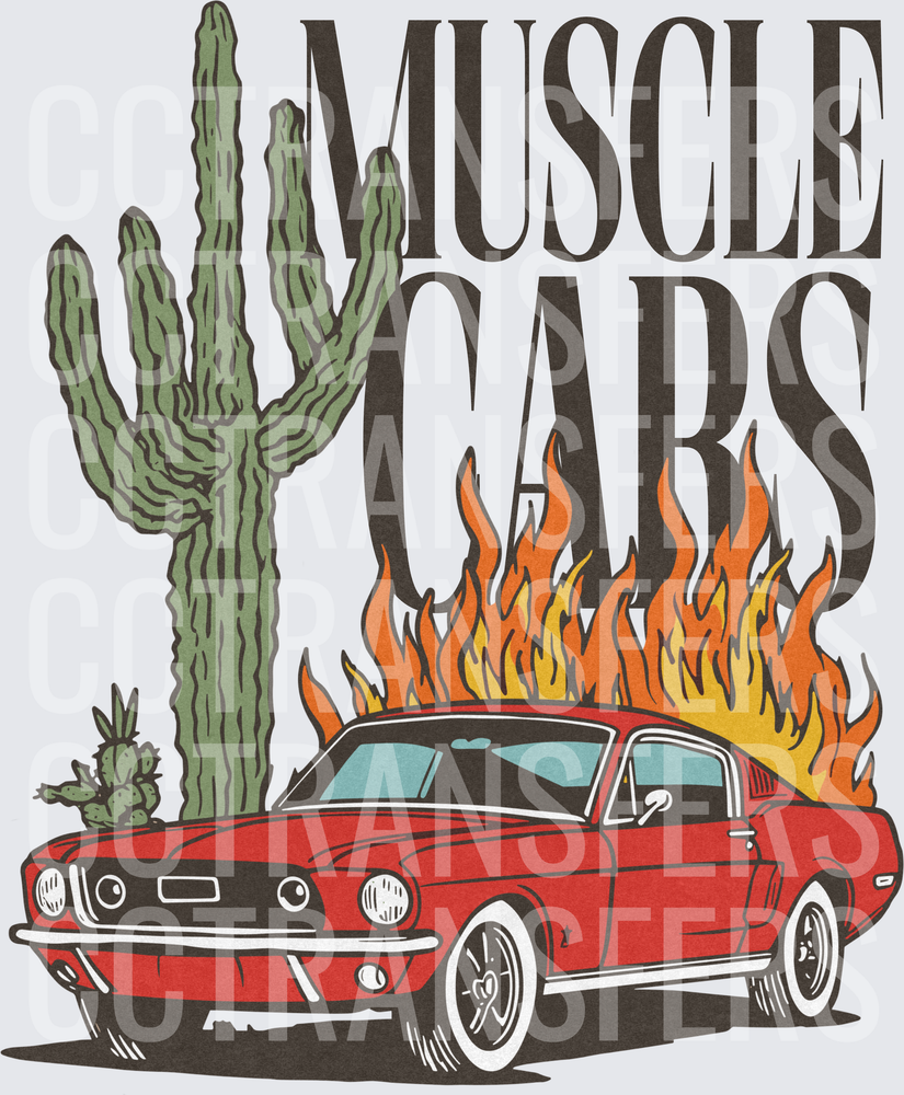 Muscle Cars Classic Red Fastback Flames Desert Cactus (DTF)
