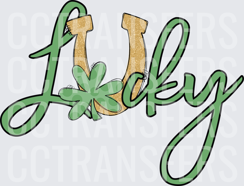 Lucky Script with Gold Horseshoe and Shamrock (DTF)
