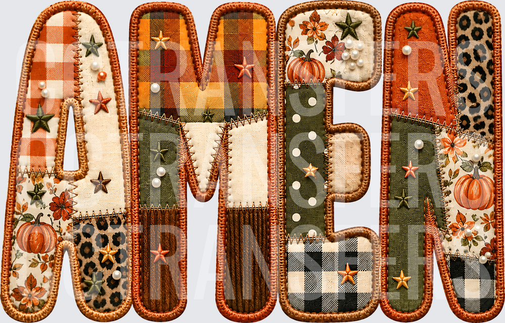 Amen Fall Patchwork Faux Embroidery Pumpkin Design (DTF)
