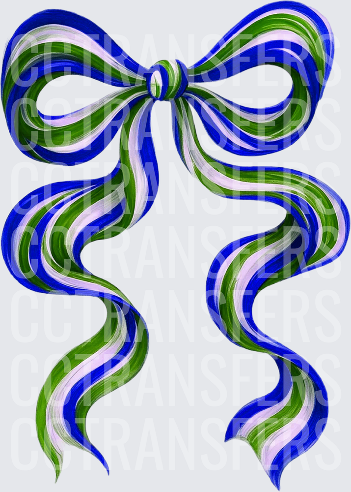 Striped Blue Green White Ribbon Bow with Flowing Tails (DTF)