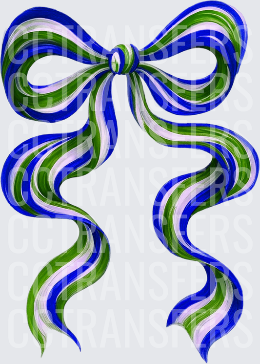 Striped Blue Green White Ribbon Bow with Flowing Tails (DTF)