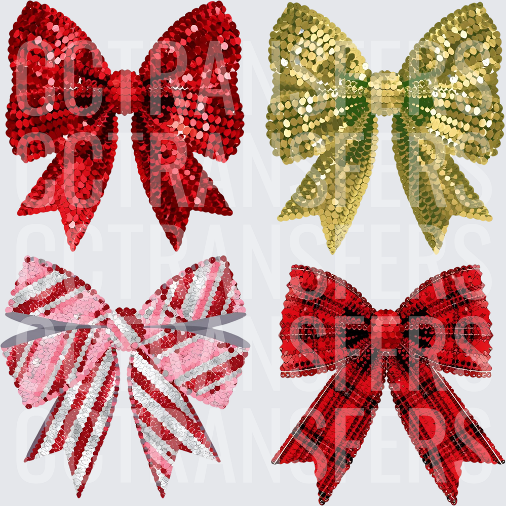 Four Sequin Holiday Bows Red Gold Plaid Candy Stripe (DTF)
